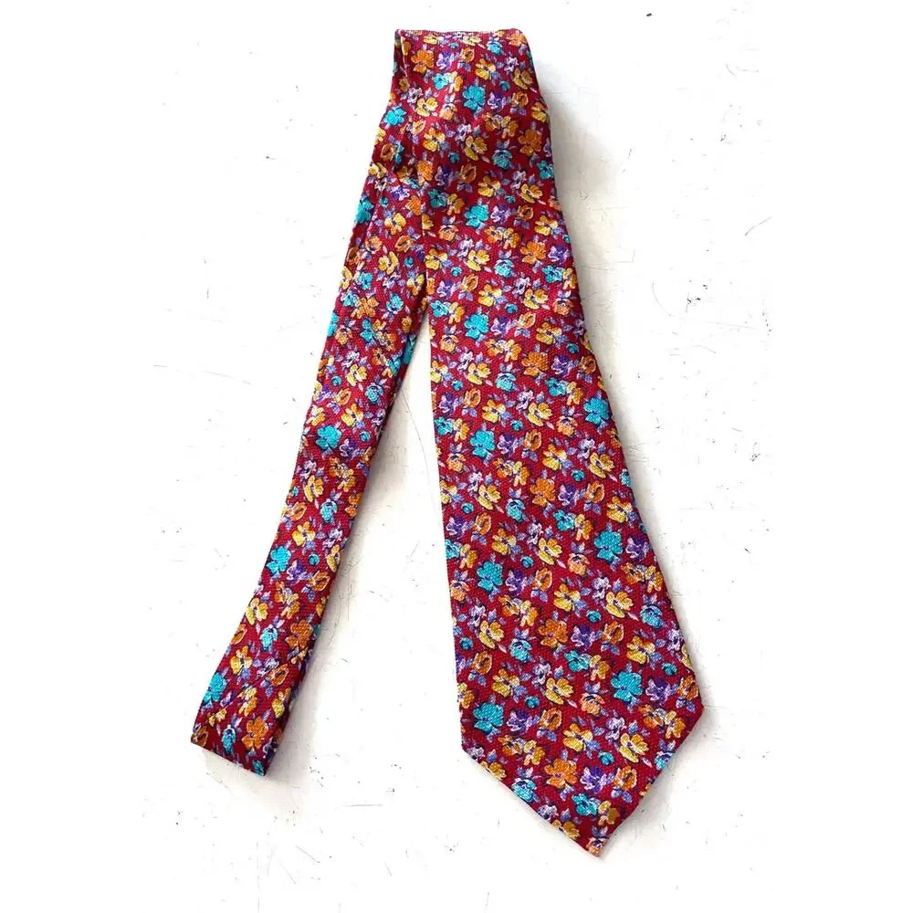 Daniel Cremieux Nwt Red Floral Linen Silk Seven 7 Fold Hand Made Italy Neck Tie